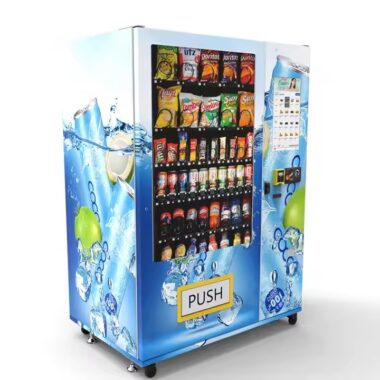 Weatherproof outdoor snack and drink vending machine for kiosks