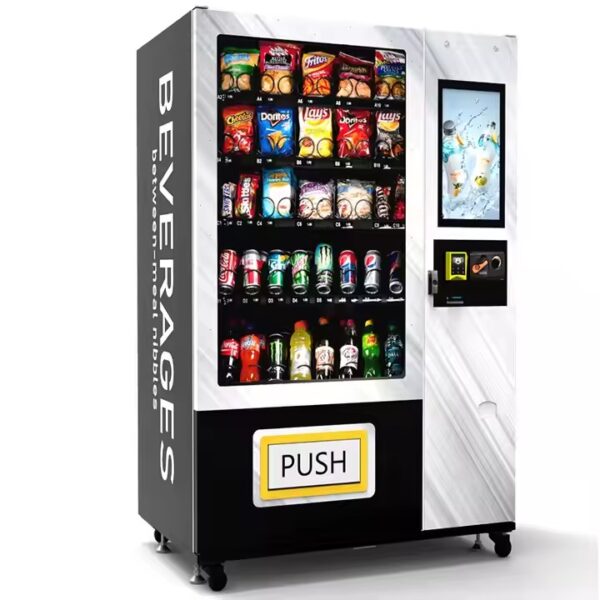 Weatherproof outdoor snack and drink vending machine for kiosks