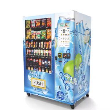Weatherproof outdoor snack and drink vending machine for kiosks